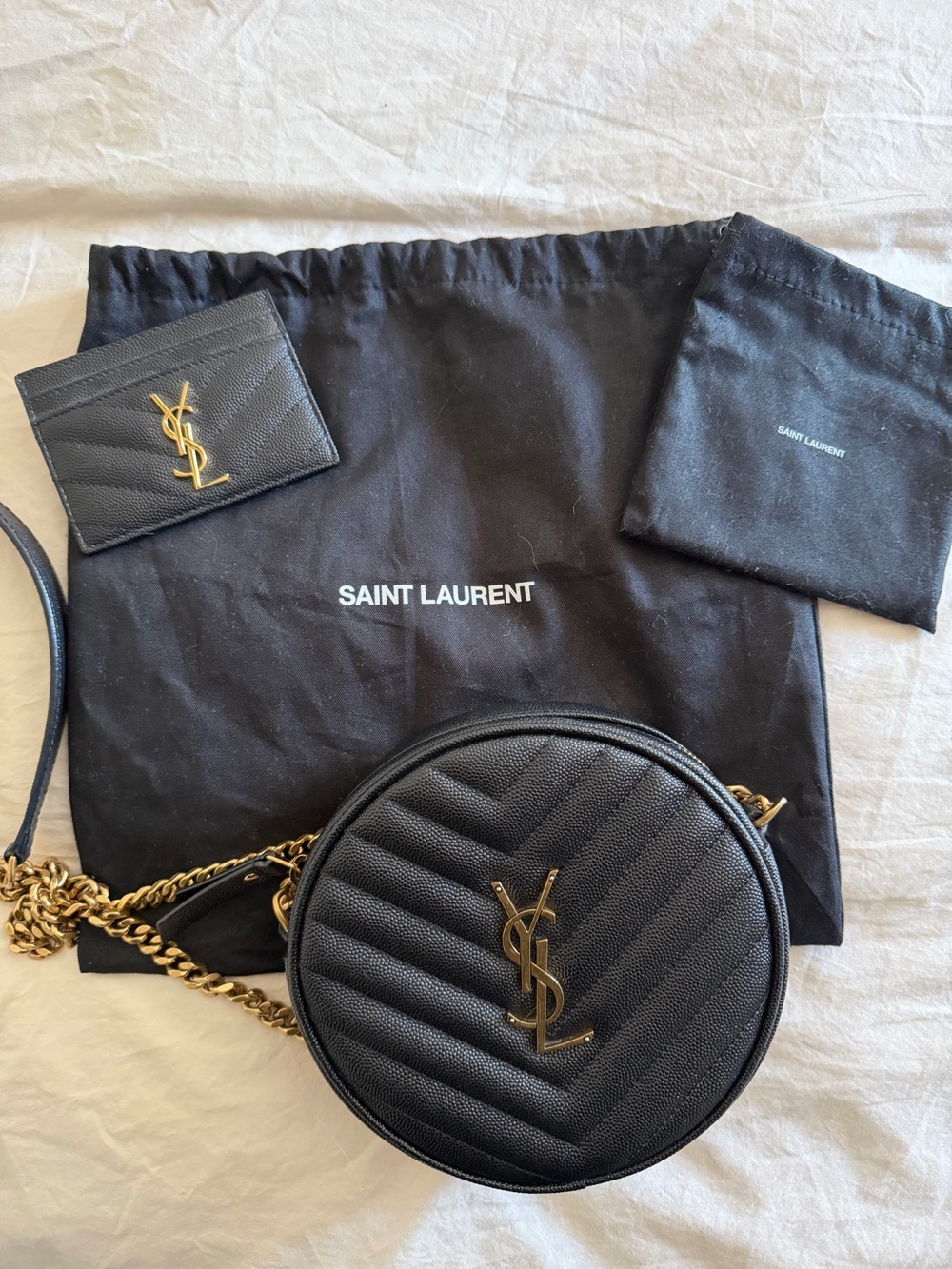 Saint Laurent Black Quilted Round Crossbody with Gold YSL Hardware